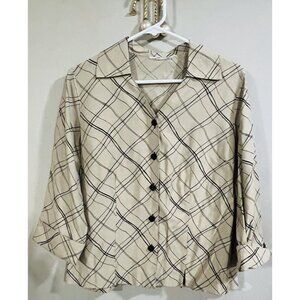 Dressbarn Womens Tan Striped Roll Tab 3/4 Sleeves Button Shirt SMALL Vneck